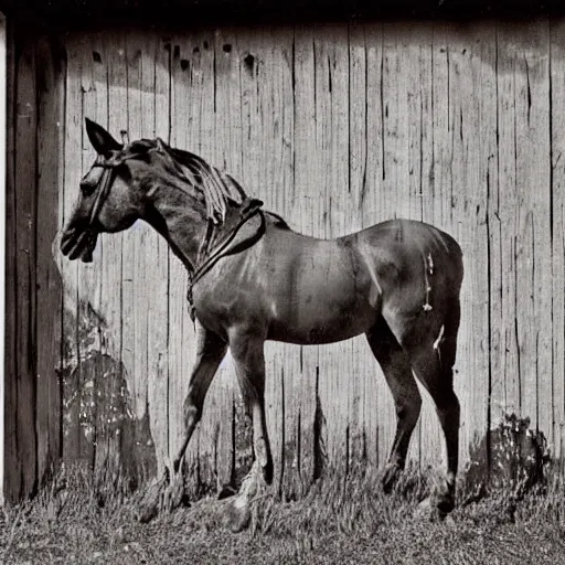 Image similar to ren and stimpy mr horse graffiti on abandoned barn wall, 1940s photography