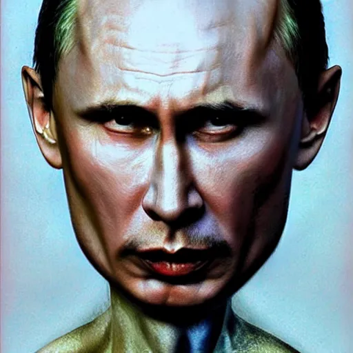 Image similar to stupid degraded retard vlad putin photo - realistic, color image, hyper realistic, 2 k, highly detailed, occult art, by giger, fractal structure