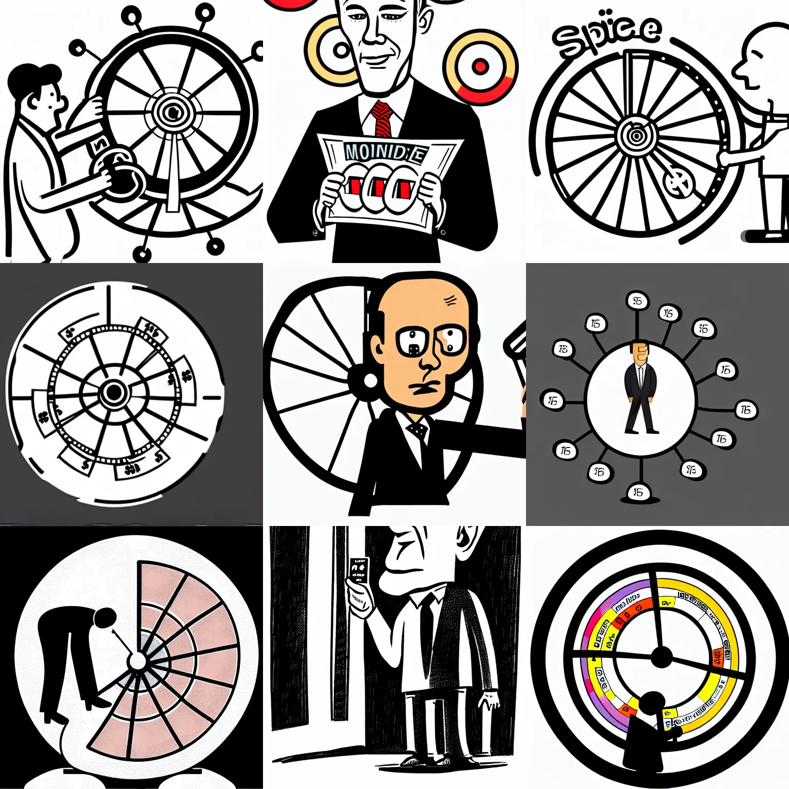 Prompt: man suit picking price wheel, money, dollars in pocket, cartoon, illustration , caricature, b&w