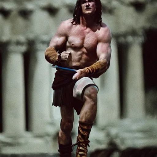 Image similar to photo of Tim Dillon as Achilles in the movie Troy cinestill, 800t, 35mm, full-HD