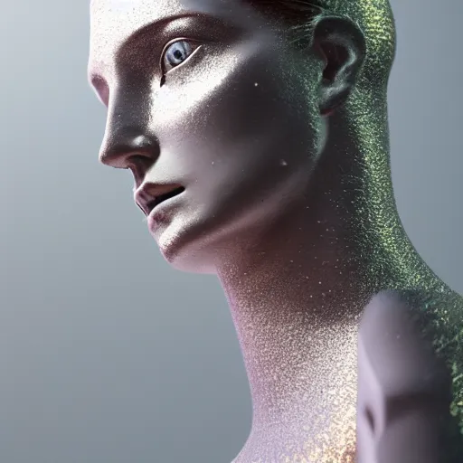 Image similar to abstract female sculpture made of white marble and amethyst crystals quartz, ethereal lights, fine details, artstation. com, film still, cinematic, super model photo shooting, luxury, strong wind blowing, dark mood, sad, cold colors, golden filigree, octane render, lens flare