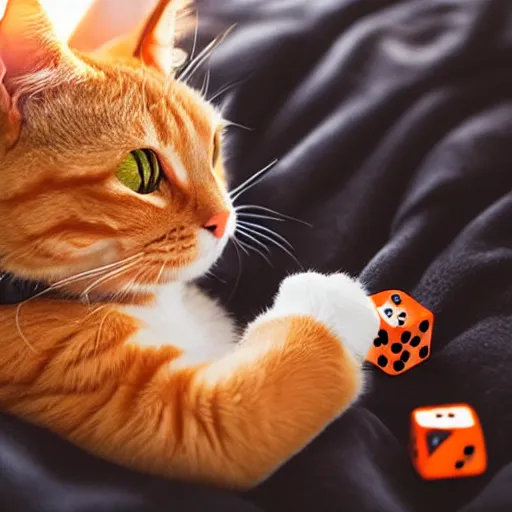 Prompt: Adorable orange tabby cat wearing headphones, wearing a collar with D20 dice on it, lying on a fuzzy blanket, in a sunbeam, Pixar, cozy, golden hour