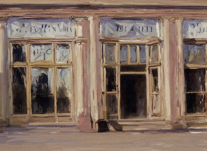 Image similar to artwork painting of the storefront front of a building by ivan shishkin, john singer sargent