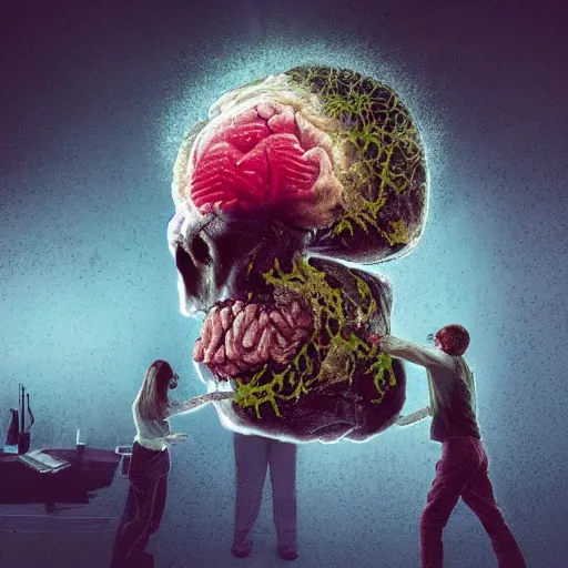 Prompt: zomibe, eating brain of corpse. digial art, beeple