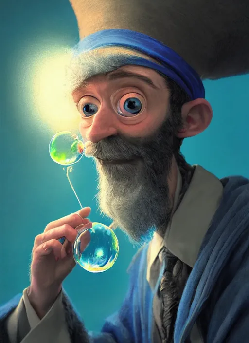 Image similar to an anthropomorphic beautiful male wizard portrait blowing bubbles wearing blue robe, fine art, award winning, intricate, elegant, sharp focus, octane render, hyperrealistic, wizard hat cinematic lighting, highly detailed, digital painting, 8 k concept art, art by jamie hewlett and z. w. gu, masterpiece, trending on artstation, 8 k