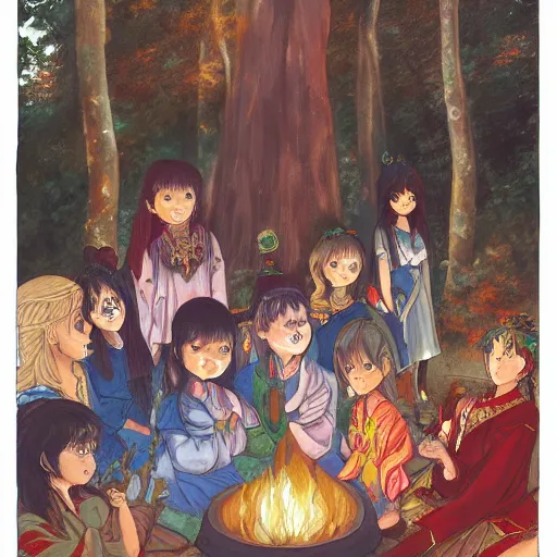 Prompt: a painting of a group of people around a fire while a wolf god watches them, a storybook illustration by naoko takeuchi, behance contest winner, fantasy art, artstation hq, official art