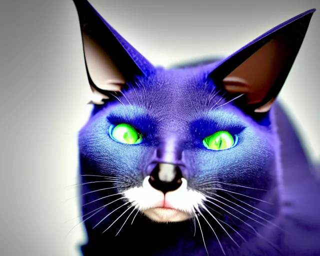 Image similar to a blue - and - black male blue / green heterochromatic catbat fursona with blue / green heterochromatic eyes ( one eye green ) and huge bat ears, photo of the catbat streaming on his computer