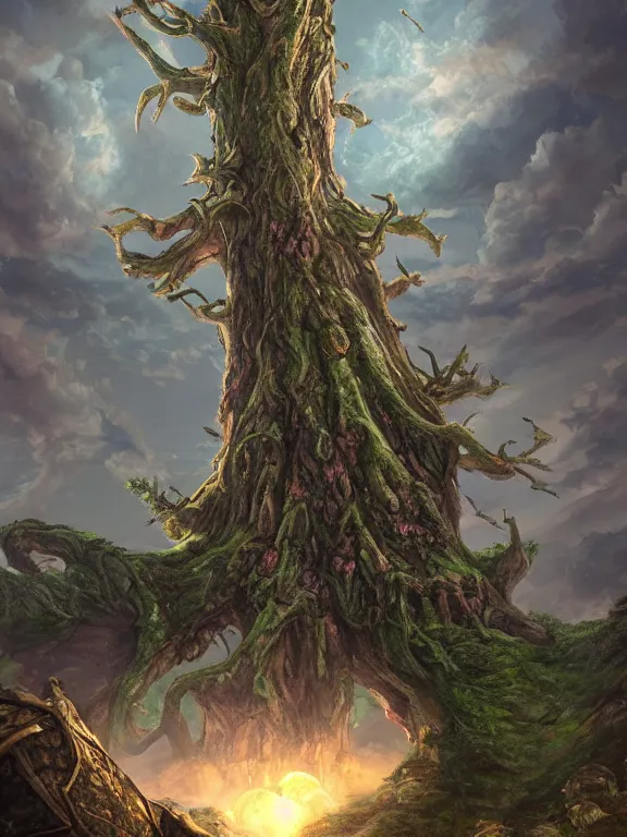 Image similar to tall yggdrasil, tall tree, fantasy art, warhammer fantasy setting, clouds detailed, digital art, wallpaper, fantastically beautiful, artstation, 8 k