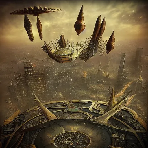 Image similar to flying city in a bronze tulip, sky, steampunk!!!, fantasy art, steampunk, masterpiece, octane