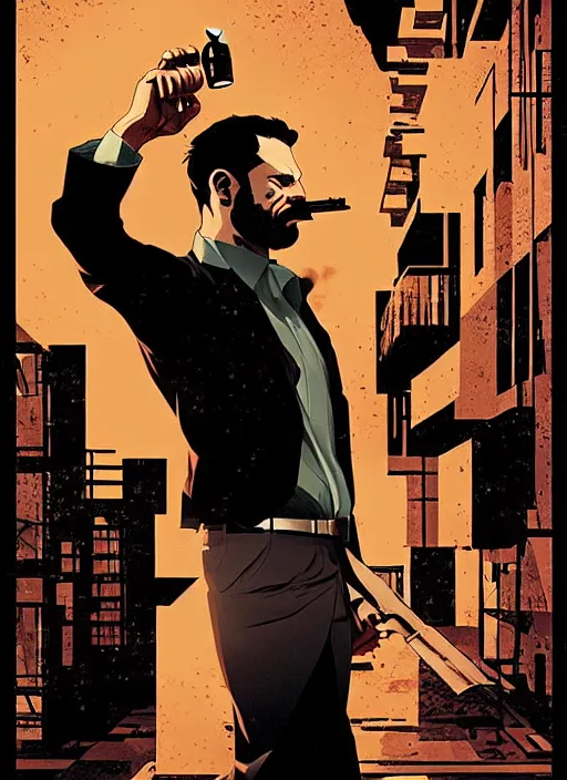 Image similar to poster artwork by Michael Whelan and Tomer Hanuka, a portrait of Max Payne drinking whisky, clean