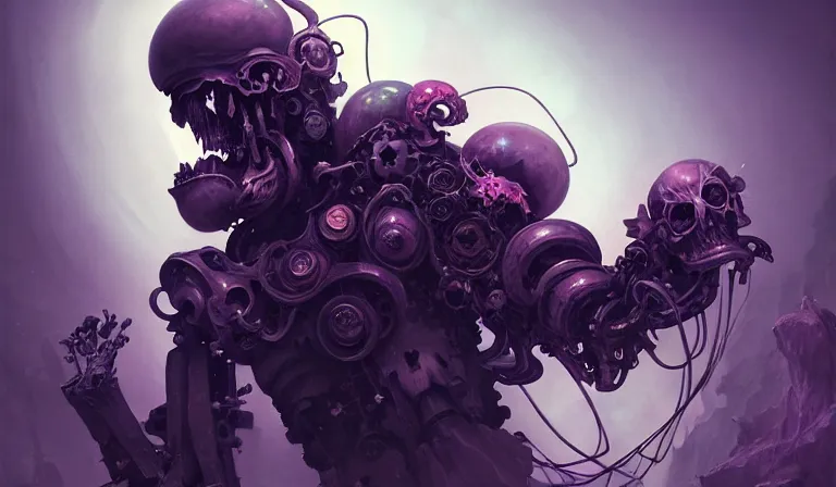 Image similar to muted ombre matte painting beautiful sinister alabaster neogothic skullpunk spirit doctor, tending to the iridescent enchanted intergalactic mecha garden, man machine chimeric beholder polyphemous power crystals psychotropic frequencies singularity artgerm wlop james jean andrei riabovitchev marc simonetti yoshitaka amano artstation, cgsociety