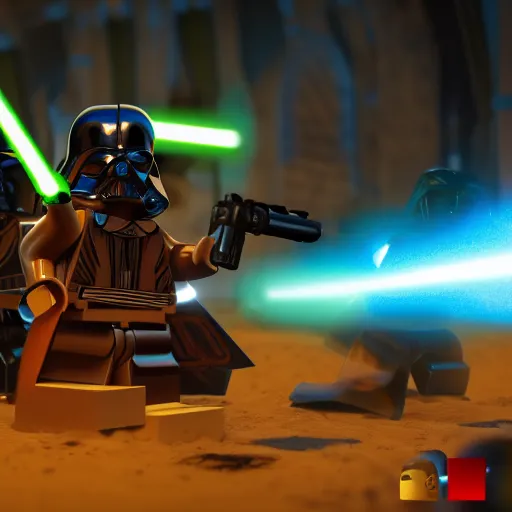 Prompt: a lego star wars battle scene with a person holding a light saber, a 3D render by George Lucas, cg society contest winner, toyism, #vfxfriday, reimagined by industrial light and magic, anamorphic lens flare