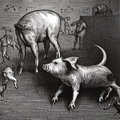Prompt: pig walking on his hind legs, creepy atmosphere, close-up, illustration by Gustave Doré, Animal Farm by George Orwell