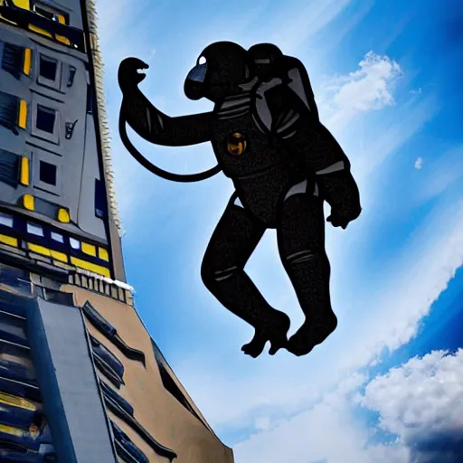 Prompt: Highly detailed photo! of a huge! astronaut! climbing! up a building! (like king kong), jetpack, moving upward, zoom lens