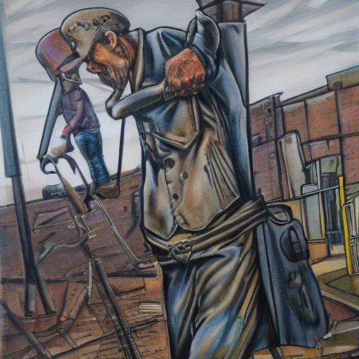 Image similar to A strong Glaswegian welder walks out of the shipyards, in the style of Peter Howson,