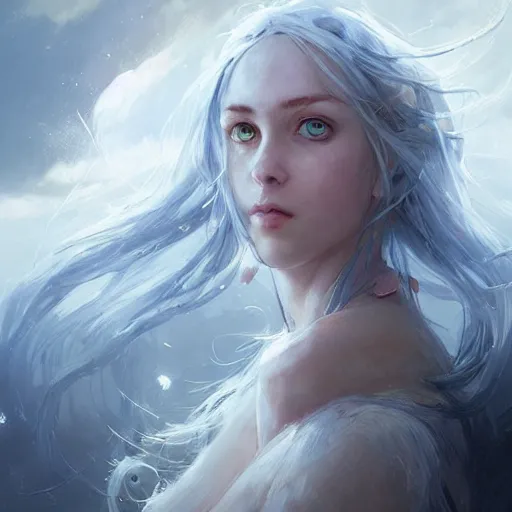 Image similar to a portrait of a beautiful lady with adorable eyes, beautiful eyes, looking up onto the sky, light smiling, art of wlop and greg rutkowski, epic fantasy art, bright light masterpiece, ray of light through white hair