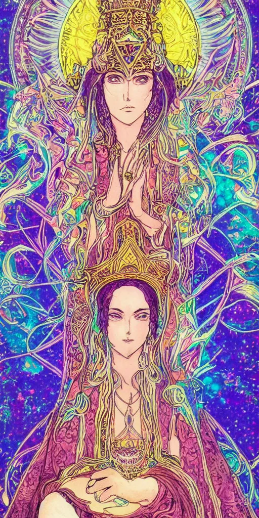 Image similar to a mystical woman priestess sitting on a throne, the divine feminine, drawn by studio UFOTABLE, psychedelic, fine line work, pastel colors, Tarot cards. The empress tarot card, detailed