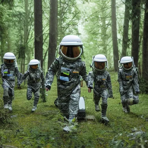 Image similar to a squad of space scouts wearing camo uniforms with white armor and helmets exploring a forest planet