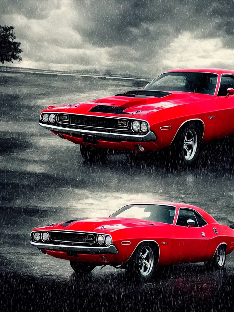 Image similar to a realistic detailed photo of karl havoc driving a 1 9 7 0 dodge challenger in the rain, character concept, cinematic lighting, global illumination radiating a glowing aura, i think you should leave