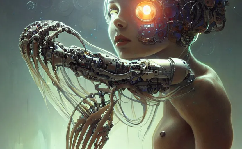 Image similar to Cyborg biomechanical jellyfish, sci-fi, highly detailed, digital painting, artstation, concept art, smooth, sharp focus, illustration, art by artgerm and greg rutkowski and alphonse mucha