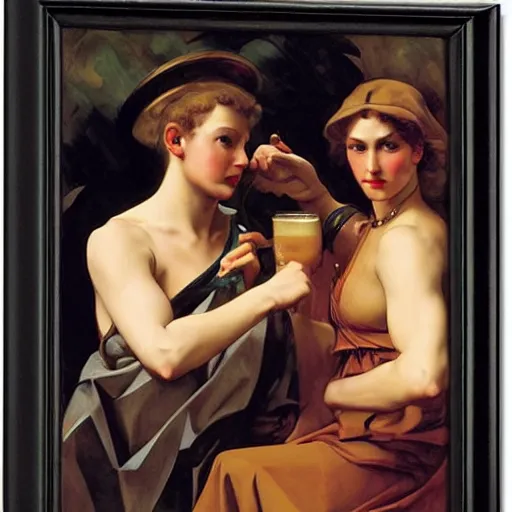 Image similar to biblical david and goliath are actually good friends and are having a pint together, by j. c. leyendecker, tamara de lempicka, bouguereau