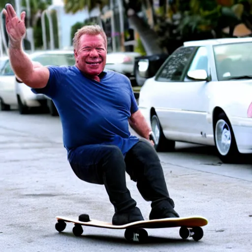 Prompt: william shatner with no limbs on a skateboard in miami