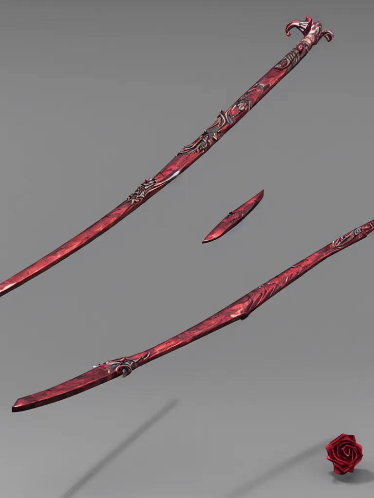 Prompt: double-bladed rose-colored scythe, the two blades are attached to either end of the handle, facing opposite directions, highly detailed, unreal engine