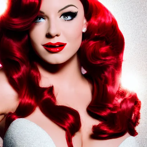 Image similar to dslr photography of jessica rabbit as a real person, head and shoulders photography, cinematic, studio portrait