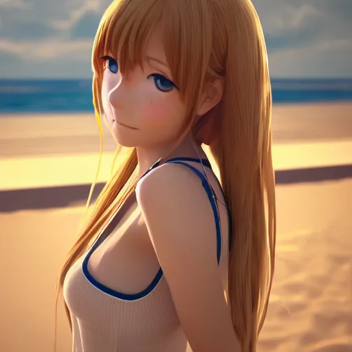 Image similar to Render of lovely 3d anime girl, long hair, hazel eyes, cute freckles, full round face, short smile, cute sundress, golden hour, serene beach setting, medium shot, mid-shot, highly detailed, trending on Artstation, Unreal Engine 4k