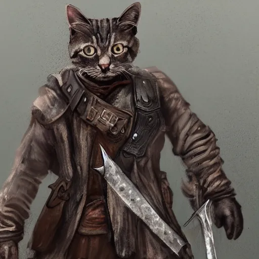 Image similar to a high detail shot of a dirty, homeless cat wearing rags, holstering sword, realism, 8 k, fantasy, d & d, concept art