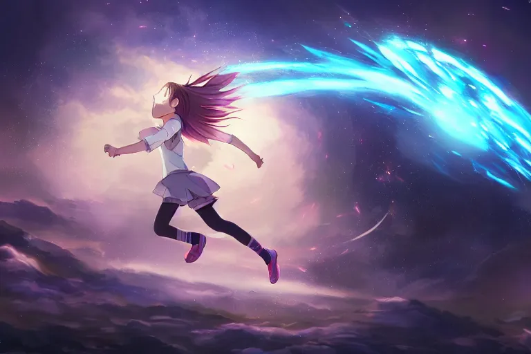 Image similar to anime young girl running towards a cosmic portal, official media, wlop, concept art, digital painting, trending on artstation, highly detailed, epic composition, 8 k uhd