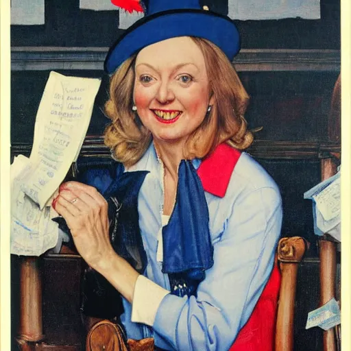 Image similar to conservative mp liz truss wearing a dunces cap, norman rockwell painting