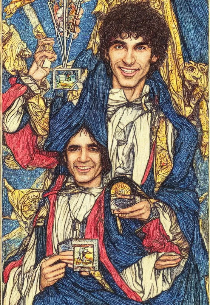 Image similar to Yoshua Bengio smiling drawn on the Tarot card. Illustration by preraphaelists.