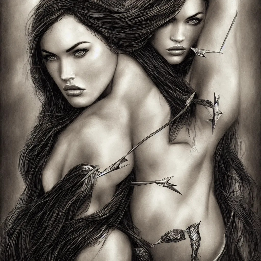 Image similar to portrait of beautiful megan fox as greek goddess aphrodite, archer, arrow on the head, beautiful piercing eyes, flowing blonde hair, realistic face, black and white drawing, in the style of greg rutkowski, fantasy, amazing detail, epic, intricate, elegant, smooth, sharp focus