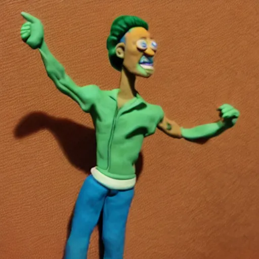 Prompt: riff raff, made of clay, as a claymation character