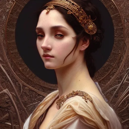 Image similar to portrait of goddess, intricate, elegant, highly detailed, digital painting, artstation, concept art, smooth, sharp focus, illustration, art by artgerm and greg rutkowski and alphonse mucha and william - adolphe bouguereau