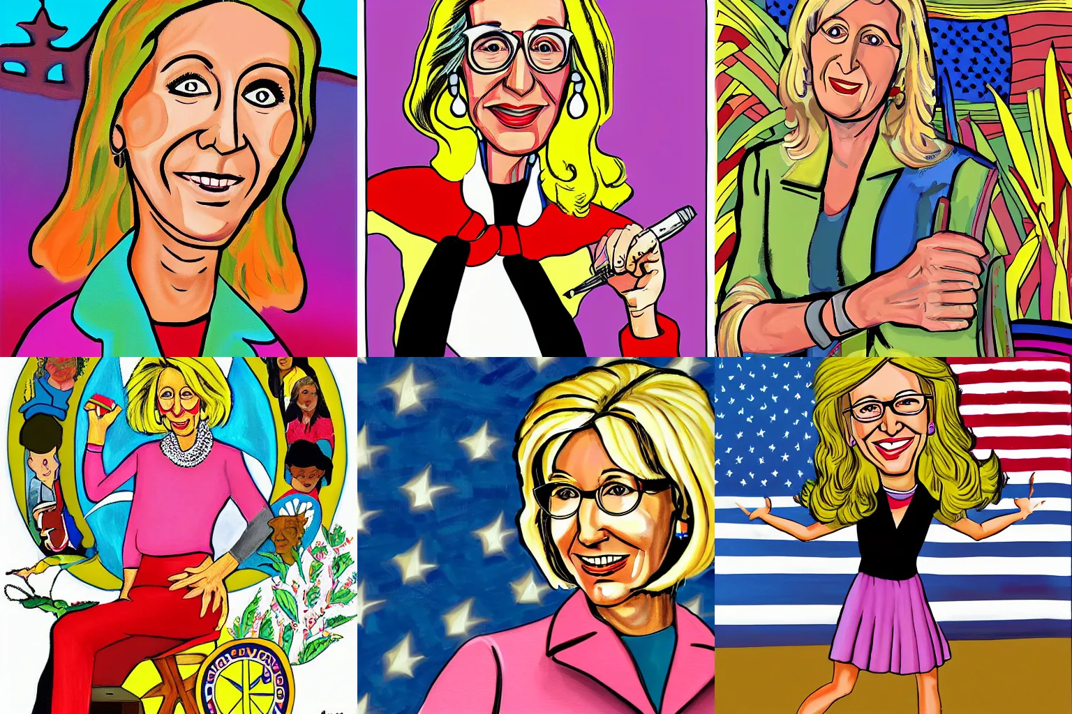 Prompt: a painting of Betsy DeVos as a peace loving hippie by Bruce Timm, highly detailed digital art