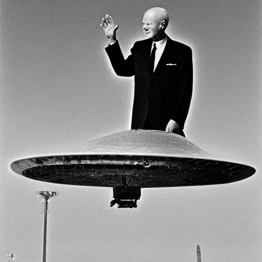 Prompt: president eisenhower aboarding a ufo in the desert, black and white photo