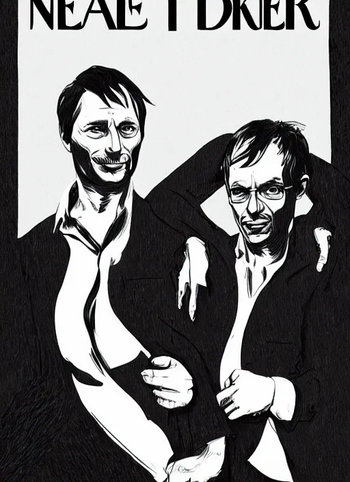 Image similar to portrait of Mads Mikkelsen and Hugh Dancy holding hands romantically as they chaperone school dance by Michael Whelan, Bob Larkin and Tomer Hanuka, simple illustration, domestic, nostalgic, clean, Matte painting, trending on artstation and unreal engine, New Yorker magazine cover