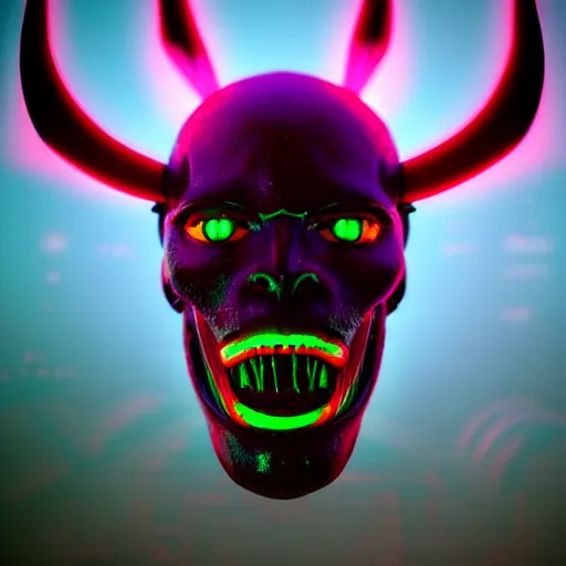 Image similar to synthwave demonic alien face with neon horns, detailed face, sharp focus, synthwave art, aesthetic, octane render, raw, cinematic