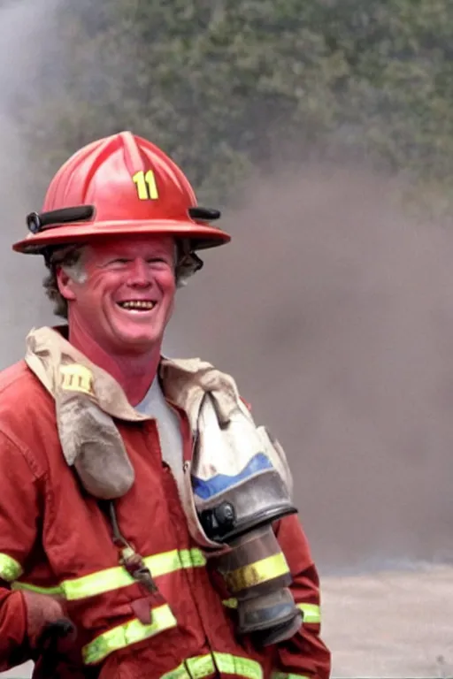 Image similar to kevin tighe wearing a fireman helmet with the number 5 1 on it, standing in a fire laughing