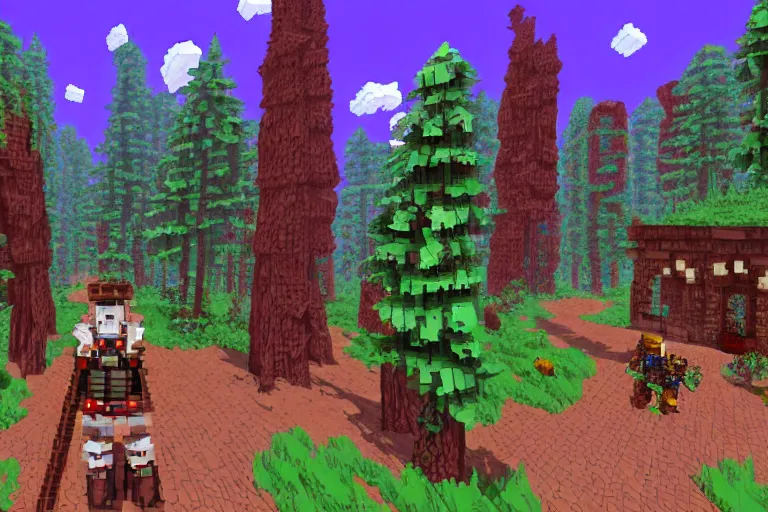 Image similar to screenshot of a 3d pixel art fps game with fantasy style woodland mansion with cogwheeled mechanic doors in an ancient forest