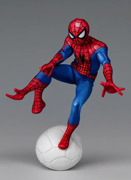 Prompt: 80mm resin detailed miniature spiderman, sitting on a football, pouting, Product Introduction Photos, 4K, Full body,