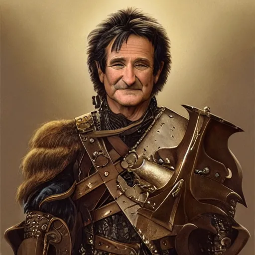 Image similar to an ultradetailed portrait of robin williams dressed as a fantasy rogue, sneaking in shadows of a dark alley, d & d, fantasy, intricate, elegant, highly detailed, digital painting, matte, sharp focus, illustration, plate armor, god rays, art by john collier and albert aublet and krenz cushart and artem demura and alphonse mucha