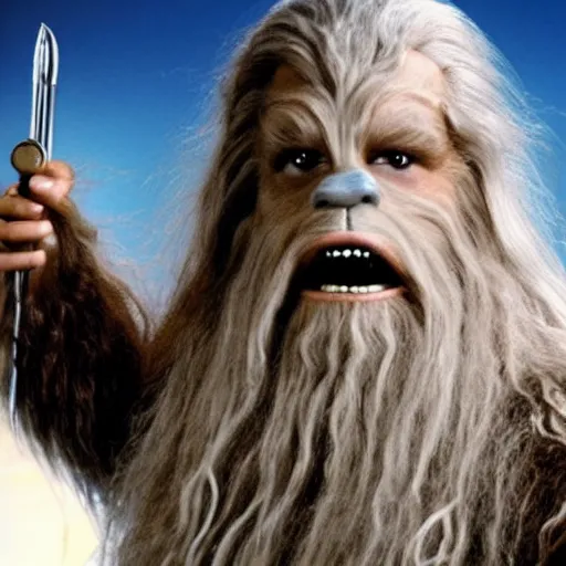 Prompt: gandalf as chewbacca, shampoo commercial, shampoo advertisement