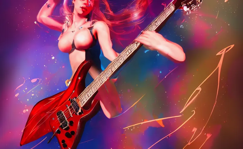 Prompt: rockstar girl playing electric guitar on stage. by amano yoshitaka, digital art, digital painting, artstation trending, unreal engine