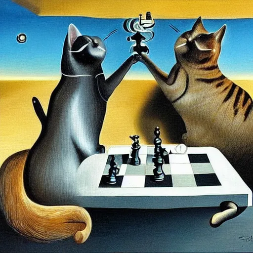 Image similar to dali surrealist painting of two cats playing chess