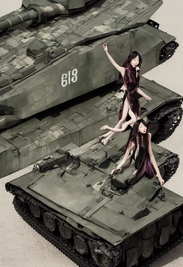 Image similar to gorgeous chinese model, elegant shiny reflective party dress, at the front of a military tank at dusk, high fashion photography for vogue italia