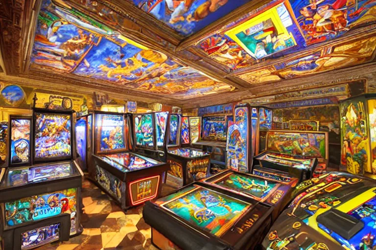 Prompt: the sistine chapel sanctuary converted into a retro videogame arcade with pinball tables, game cabinets, pachinko contraptions, crowded room of people playing