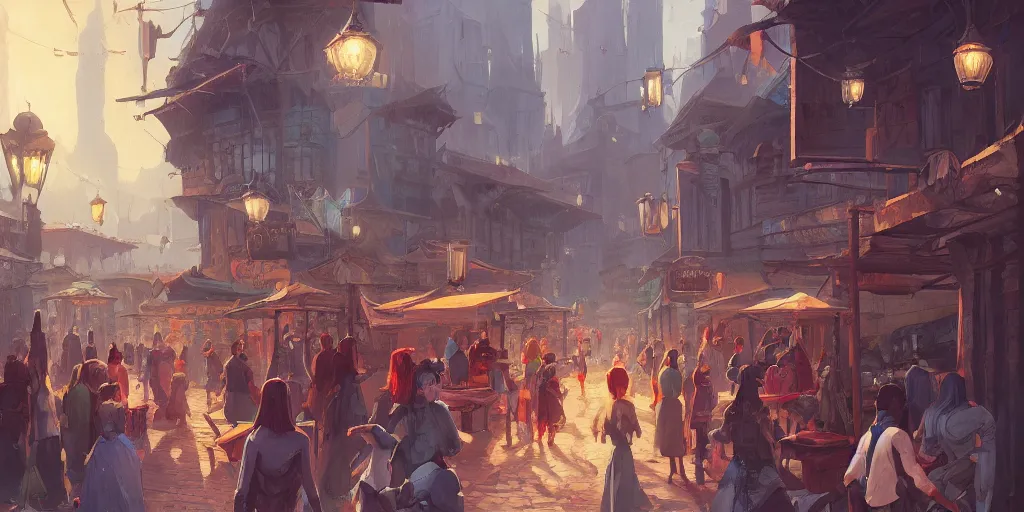 Image similar to a busy fantasy street market from within a fascinating old city, by Sylvain Sarrailh, by Sebastian Luca, by Nicodemus Yang-Mattisson, cinematic, simple but effective composition, clean lines, beautiful digital painting, oil painting, dungeons and dragons, lord of the rings